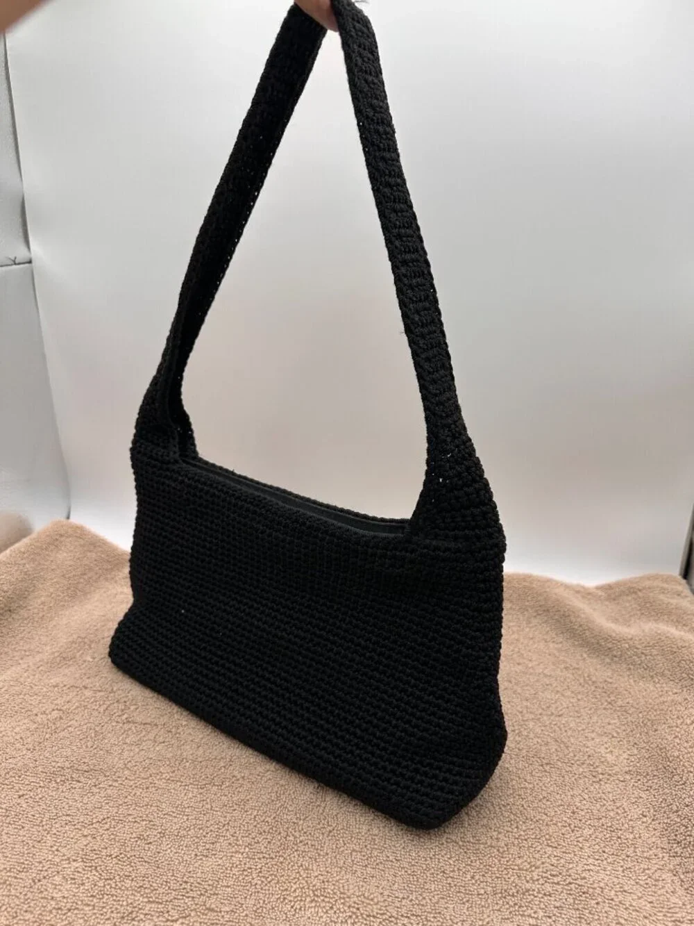 The Sak Crochet Casual Handbag Purse Hobo Stylist  Bag Lined Black